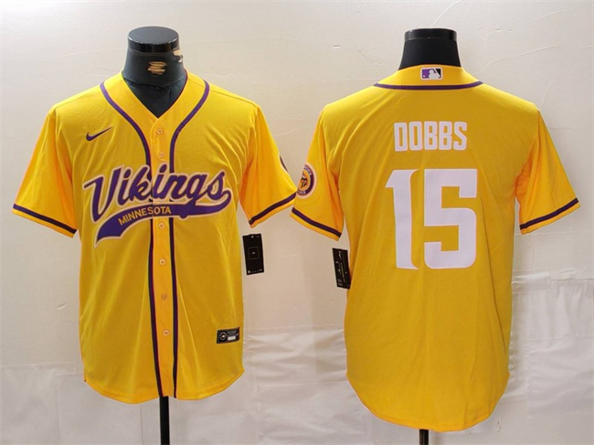 Men's Minnesota Vikings #15 Joshua Dobbs Yellow Cool Base Stitched Baseball Jersey